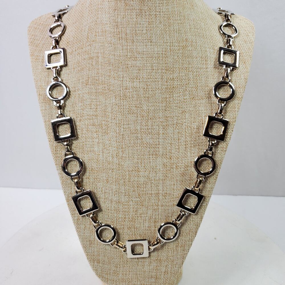 Vintage Statement Necklace Silver Tone Heavy 40 Inch Circles Squares